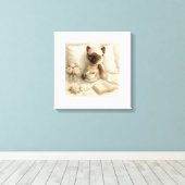 Kat drink koffie in bed canvas afdruk (Insitu (Houten vloer))