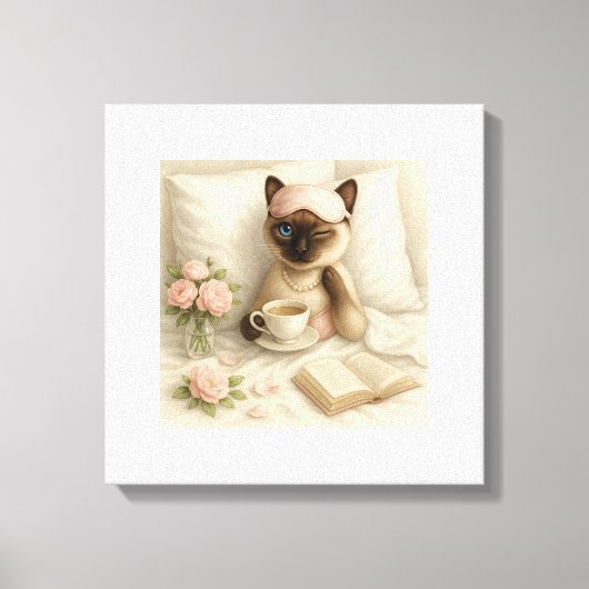 Kat drink koffie in bed canvas afdruk (Voorkant)