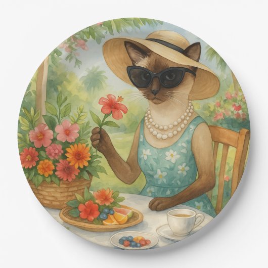 Kat drinkt thee in de tuin papieren bordje (Voorkant)