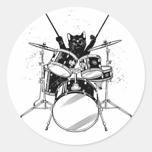 Kat Drummer die drums speelt Klassieke ronde stick Sticker (Voorkant)