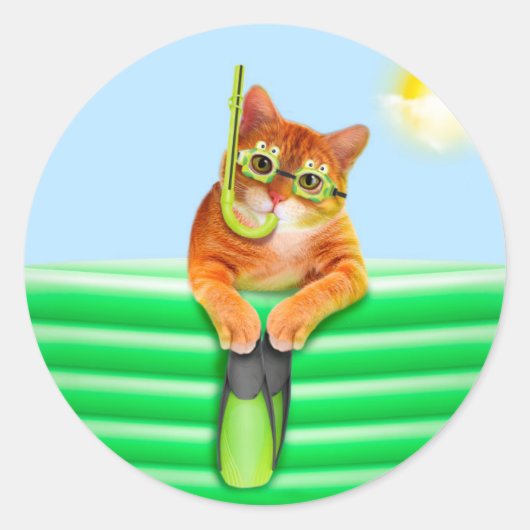 Kat-duiker met masker en snorkel ronde sticker (Voorkant)