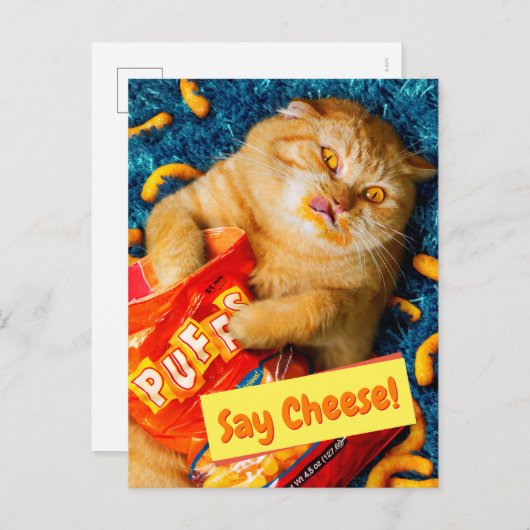 Kat Eating Cheese Puffs Uitnodiging Briefkaart (Voorkant / Achterkant)