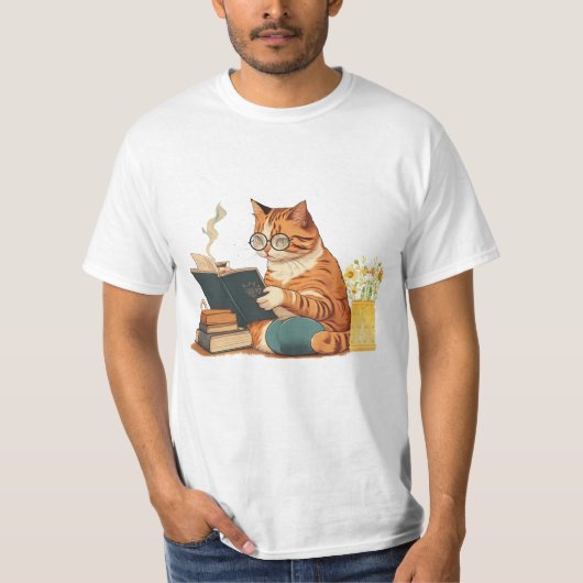 Kat Een boek lezen en Drink koffie T-shirt (Voorkant)