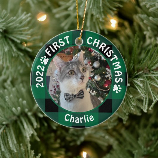Kat eerste CHRISTMAS Green Buffalo Pset 2 Foto Keramisch Ornament (Boom)