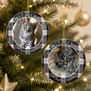 Kat Eerste Kerst Foto Schotse Plaid Aandenken Keramisch Ornament