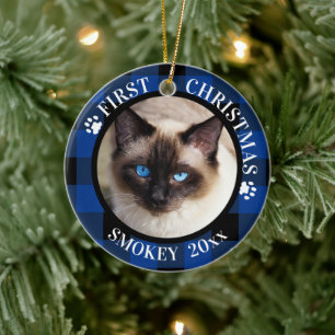Kat Eerste Kerstmis 2-fotoblauw en zwart speldenbl Keramisch Ornament