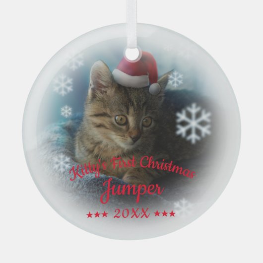 Kat Eerste Kerstmis | Kattennaam Snowflake Glas Ornament (Voorkant)
