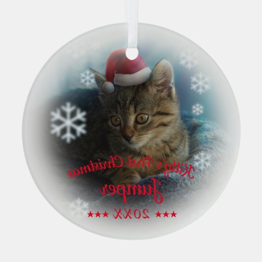 Kat Eerste Kerstmis | Kattennaam Snowflake Glas Ornament (Achterkant)