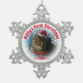 Kat Eerste Kerstmis | Kattennaam Tin Sneeuwvlok Ornament (Voorkant)