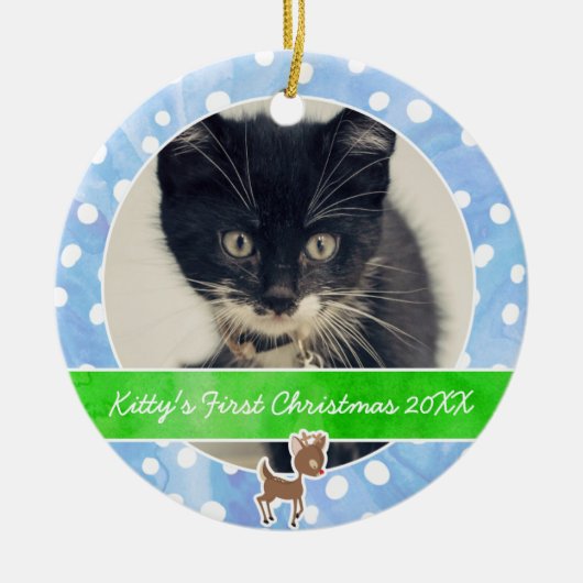 Kat Eerste Kerstmis Rudolph Keramisch Ornament (Voorkant)