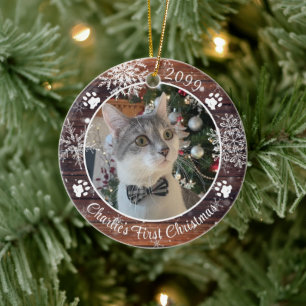 Kat Eerste Kerstmis Rustige Hout Snowflake Foto Keramisch Ornament