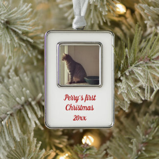 Kat Eerste Kerstmis Verzilverd Omlijst Ornament