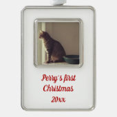 Kat Eerste Kerstmis Verzilverd Omlijst Ornament (Voorkant)