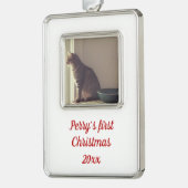 Kat Eerste Kerstmis Verzilverd Omlijst Ornament (Links)