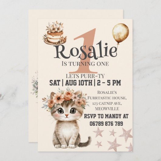 Kat eerste verjaardag uitnodiging voor meisjes (Voorkant / Achterkant)