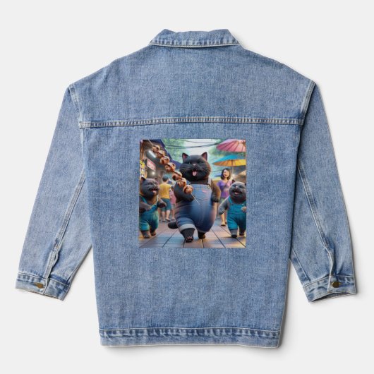 Kat eet een vleesbal handvat en vrienden denim jacket (Achterkant)