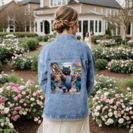 Kat eet een vleesbal handvat en vrienden denim jacket