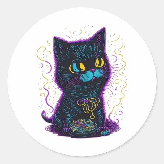 Kat eet noedels. ronde sticker (Voorkant)