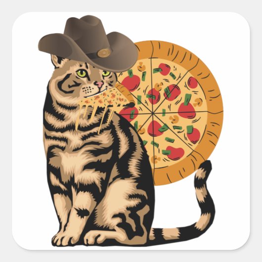 Kat eet pizza vierkante sticker (Voorkant)