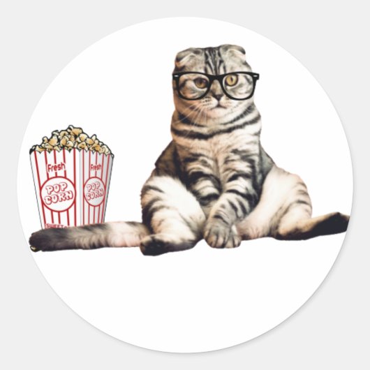 Kat eet popcorn grappig ronde sticker (Voorkant)