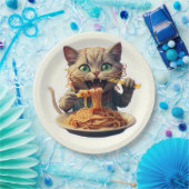 Kat eet spaghetti papieren bordje (Feest)