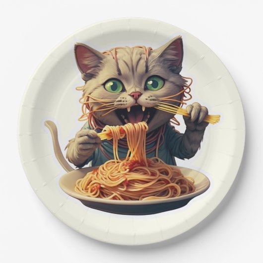 Kat eet spaghetti papieren bordje (Voorkant)