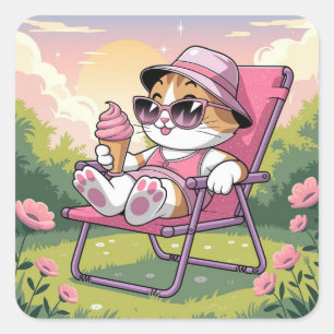 Kat eet zomerijs vierkante sticker