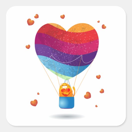 Kat en ballon van de liefde vierkante sticker (Voorkant)