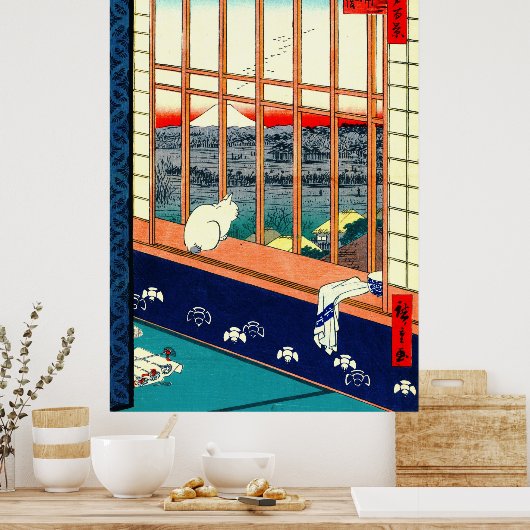 Kat en berg Fuji 1857 Poster (Keuken)