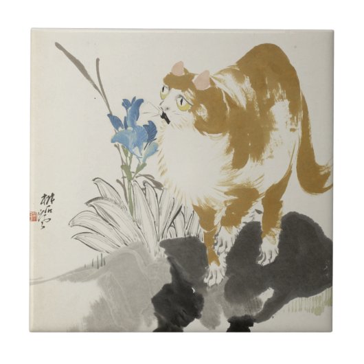 Kat en bloem Chinese kunst | Tegeltje (Voorkant)