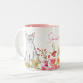 Kat en bloemen Aangepaste roze en wit Tweekleurige Koffiemok (Voorkant links)