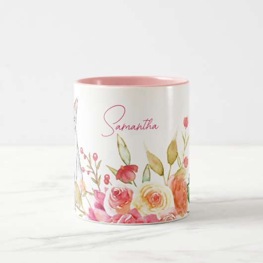 Kat en bloemen Aangepaste roze en wit Tweekleurige Koffiemok (Center)