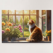 Kat en bloemen in een zonnig raam legpuzzel (Horizontaal)