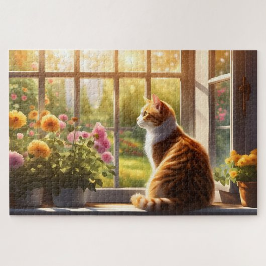 Kat en bloemen in een zonnig raam legpuzzel (Horizontaal)
