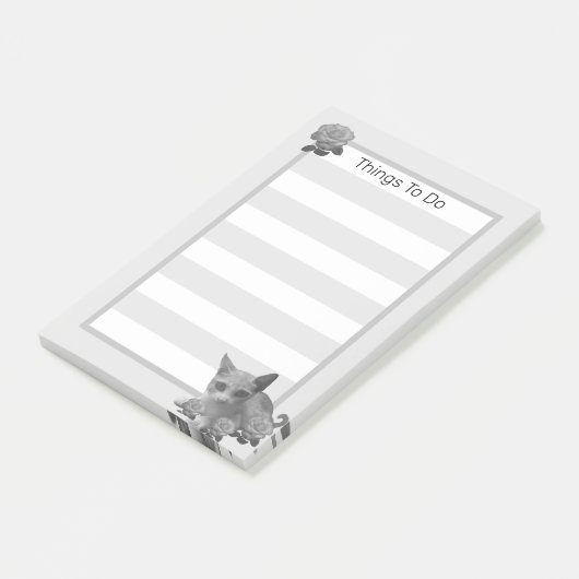 Kat en bloemen in grijze hades post-it® notes (Schuin)