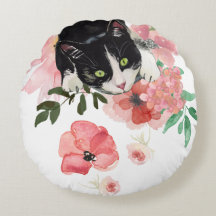 Kat en bloemen Rond Sierkussen (16 inch)