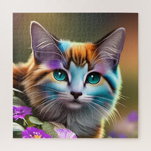 kat en bloemen van blauwe en roestkalikat legpuzzel (Verticaal)