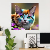 kat en bloemen van blauwe en roestkalikat poster (Thuiskantoor)