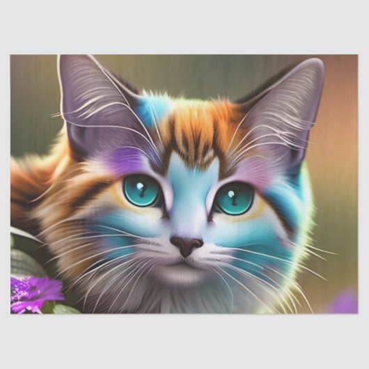 kat en bloemen van blauwe en roestkalikat tissuepapier (Voorkant)