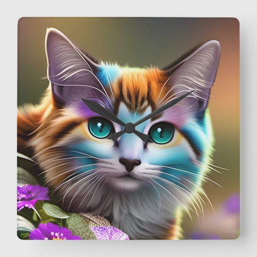 kat en bloemen van blauwe en roestkalikat vierkante klok (Voorkant)