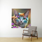 kat en bloemen van blauwe en roestkalikat wandkleed (In situ)