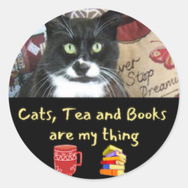 Kat en boeken ronde sticker