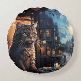 Kat en café bij nacht rond kussen