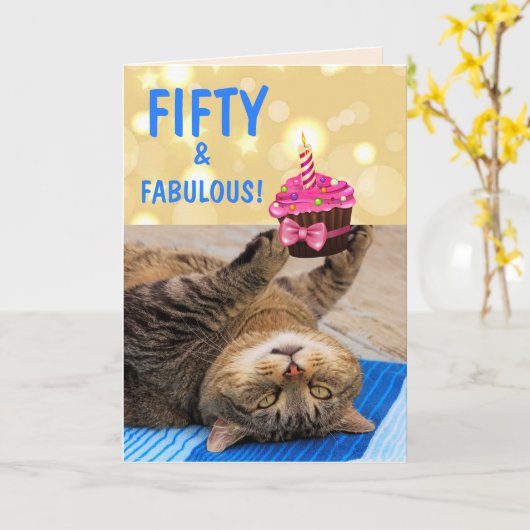 Kat en cupcake 50ste verjaardag kaart (Gele Bloem)