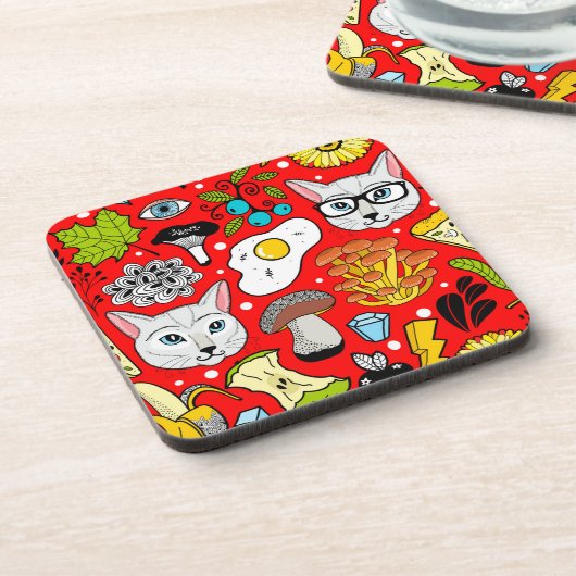 Kat en ei op rood bier onderzetter (Linkerzijde)