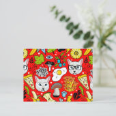 Kat en ei op rood briefkaart (Staand voorkant)