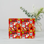 Kat en ei op rood folie feestdagen briefkaart (Staand Voorkant)