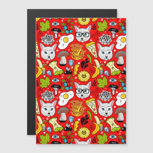 Kat en ei op rood magnetische uitnodiging (Voorkant / Achterkant)