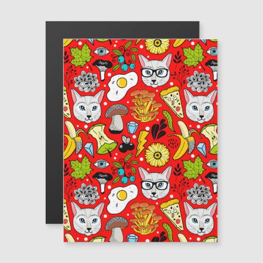 Kat en ei op rood magnetische uitnodiging (Voorkant / Achterkant)