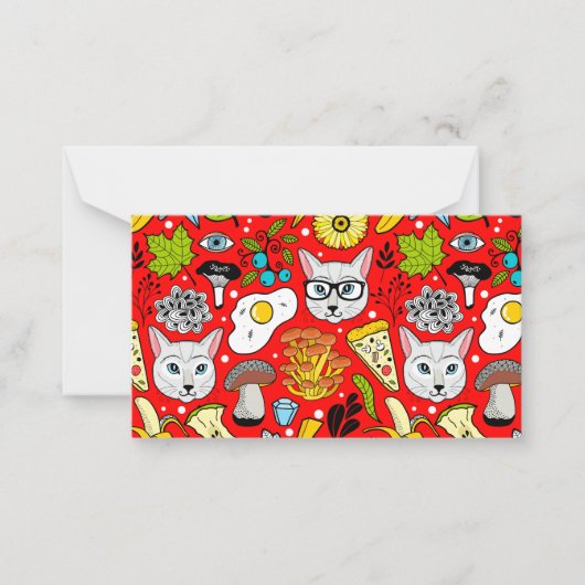 Kat en ei op rood notitiekaartje (Voorkant)